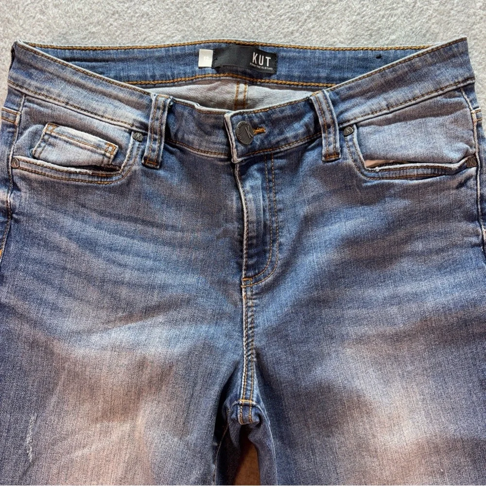 KUT Connie Ankle Skinny Jeans Womens 12 Whiskers Faded Washout Fray Holes Logo - Picture 5 of 12